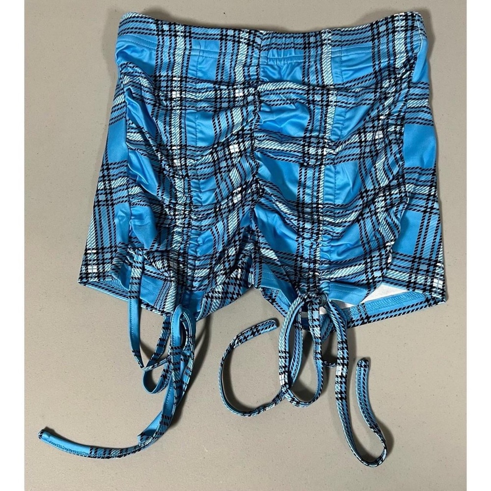 Blue Plaid Ruched Ties High-Rise Shorts Bottoms Size S 💙🤍🖤 #plaid #checkered